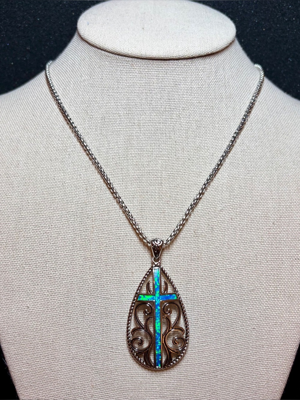 Silver Tone Blue Green Opal Cross Pendant Necklace